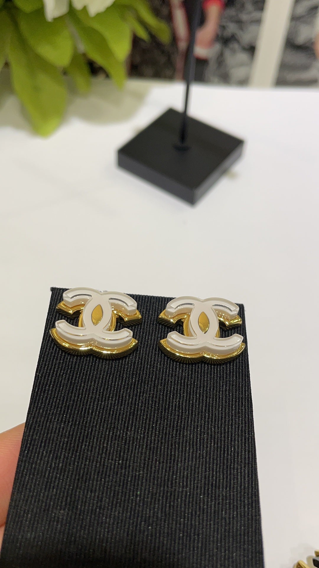 White Enamel CC Logo Stud Earrings