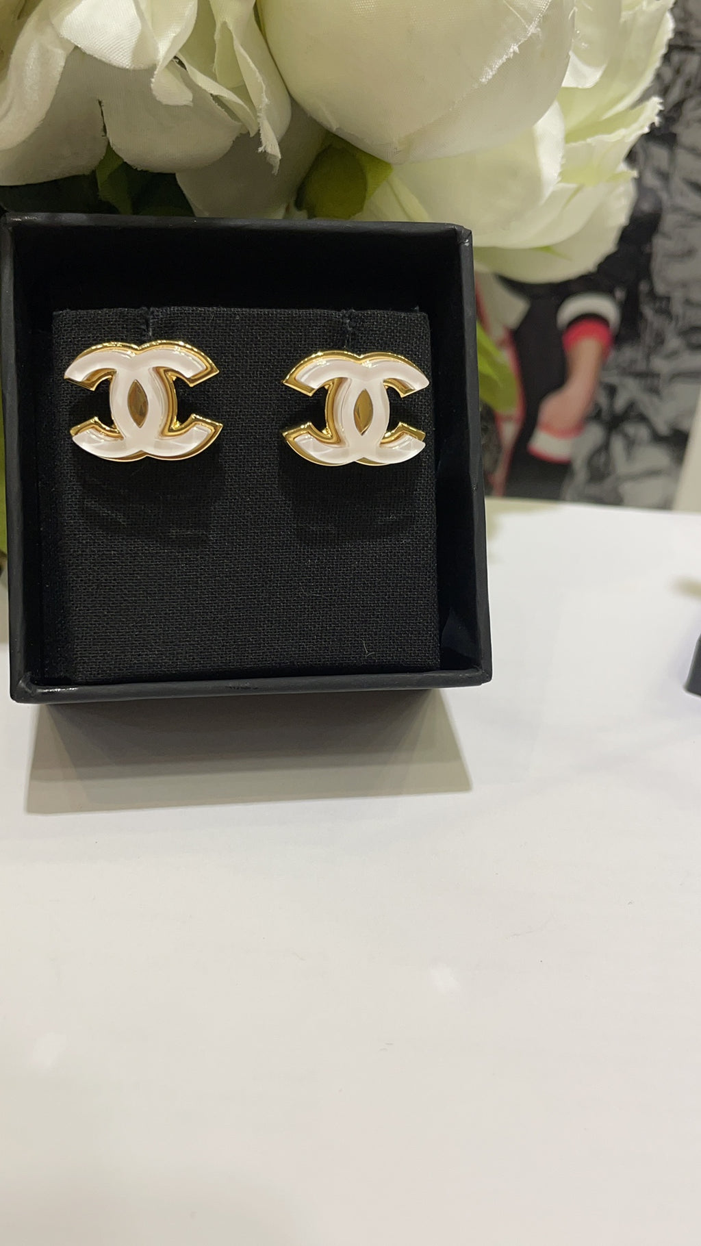 White Enamel CC Logo Stud Earrings