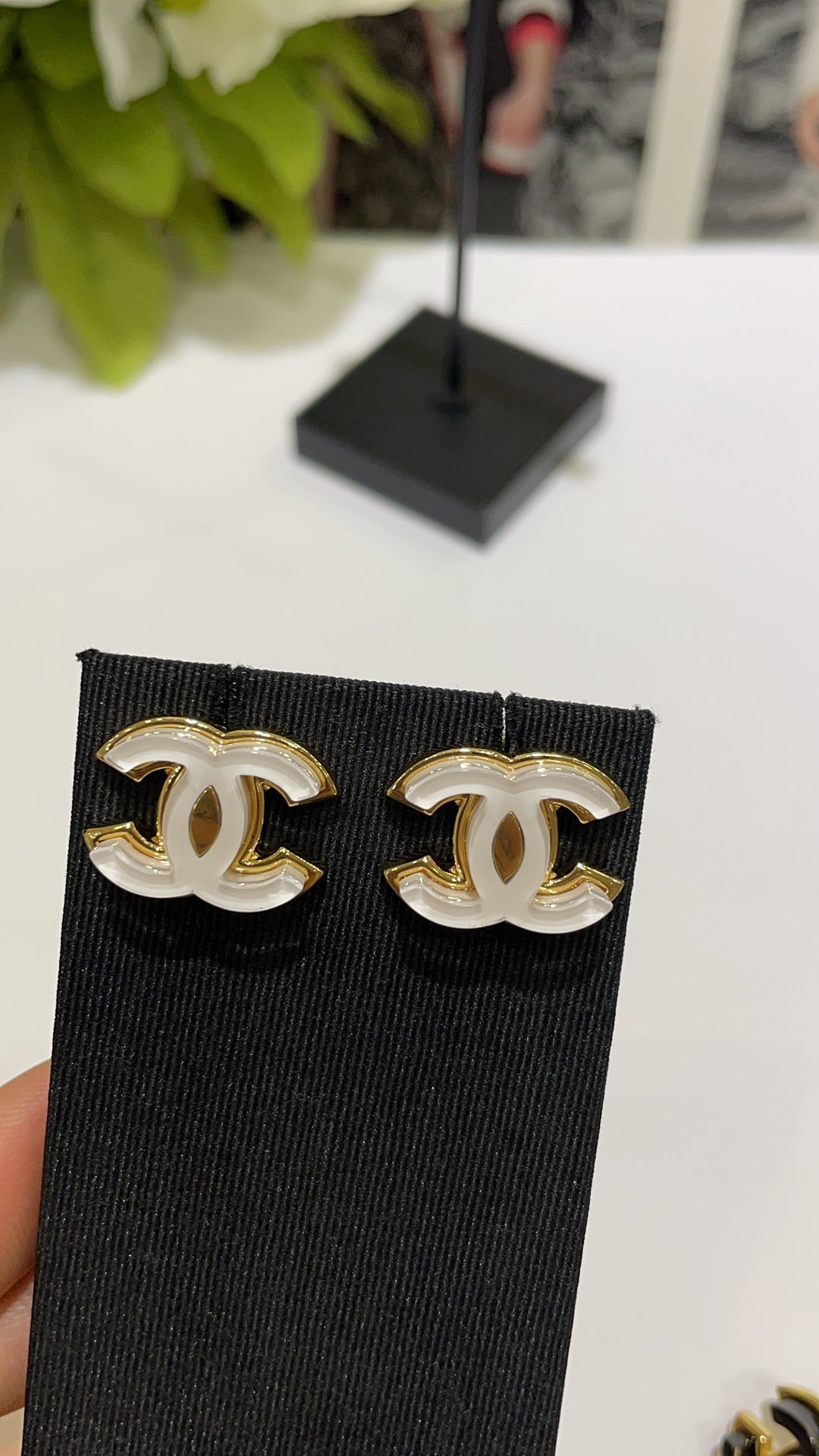 White Enamel CC Logo Stud Earrings
