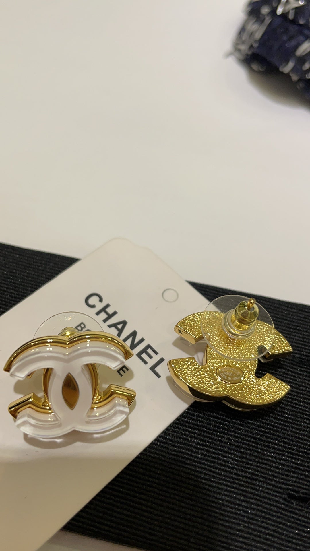 White Enamel CC Logo Stud Earrings