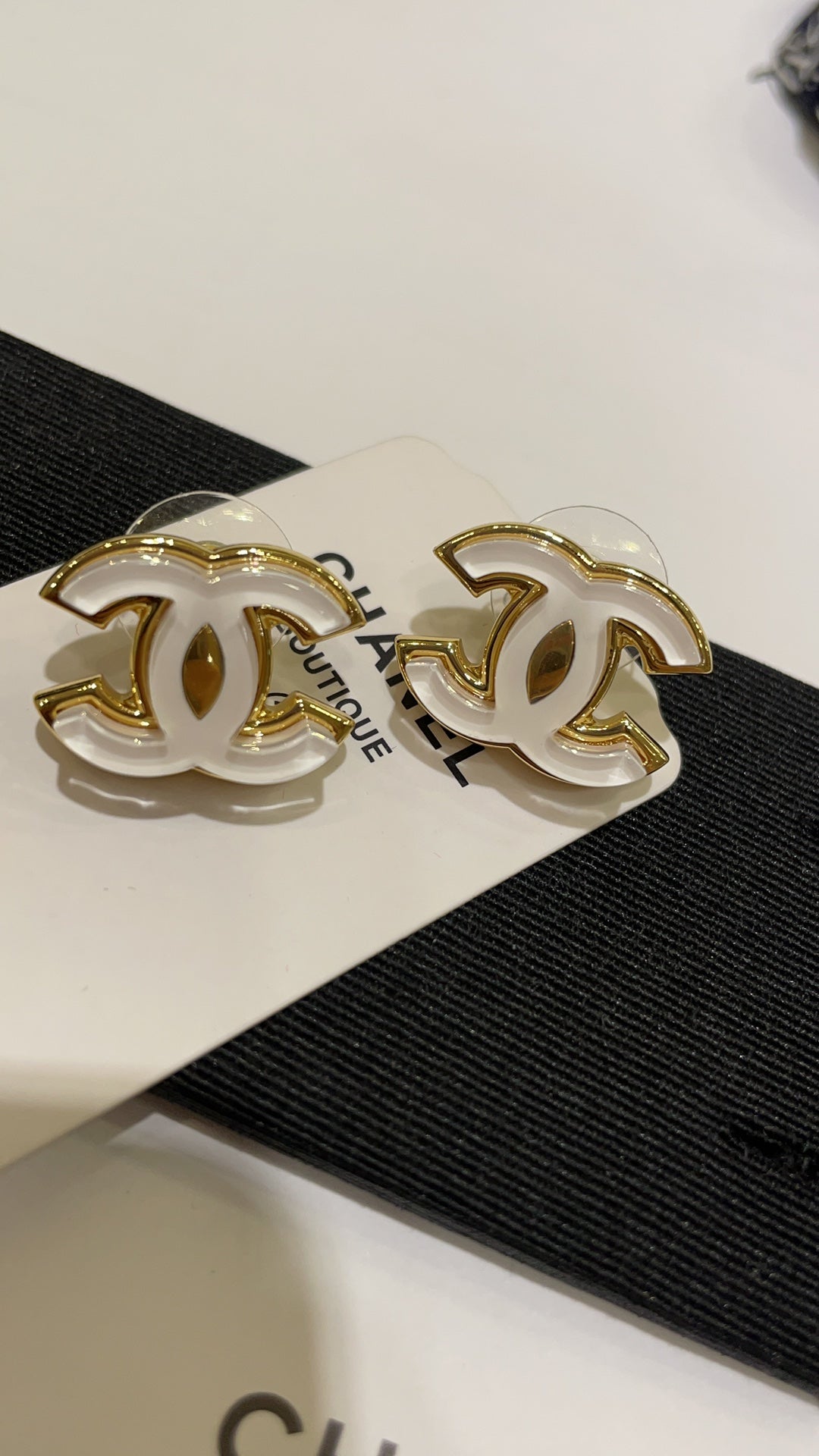 White Enamel CC Logo Stud Earrings