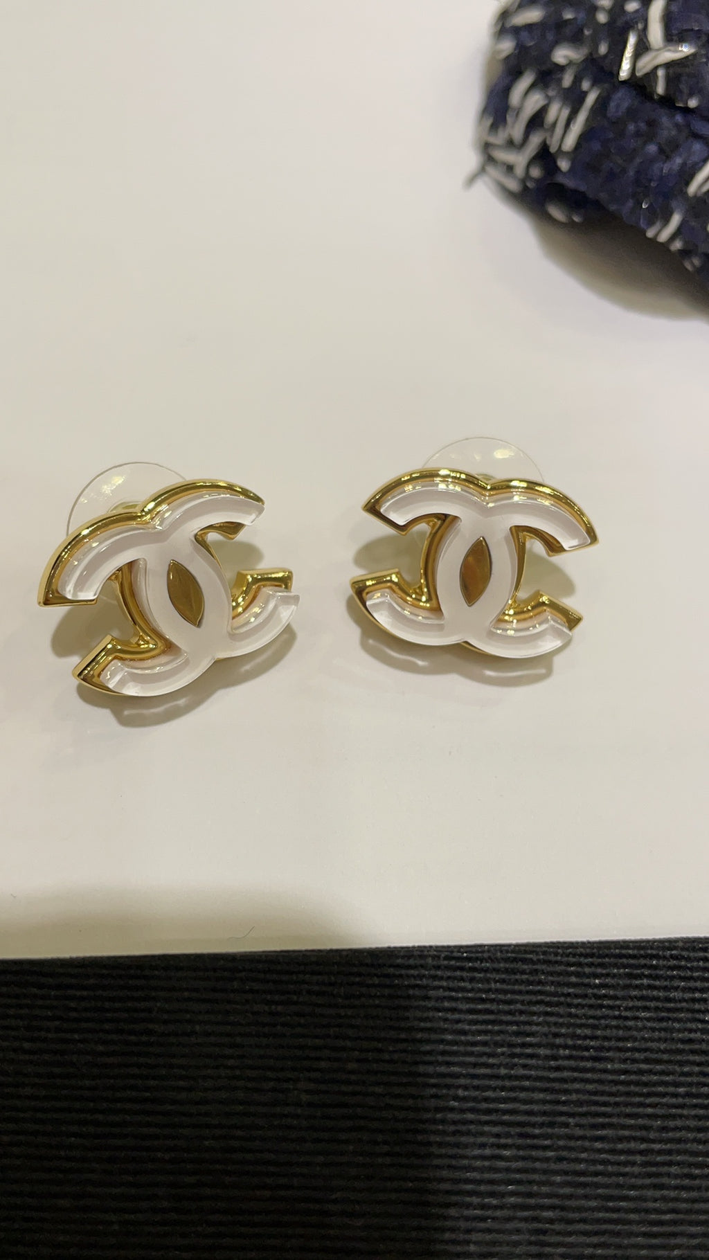 White Enamel CC Logo Stud Earrings
