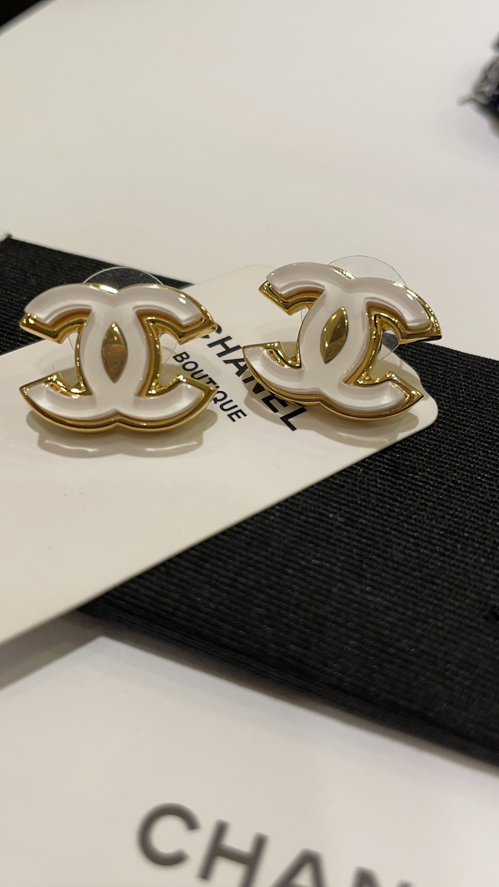 White Enamel CC Logo Stud Earrings