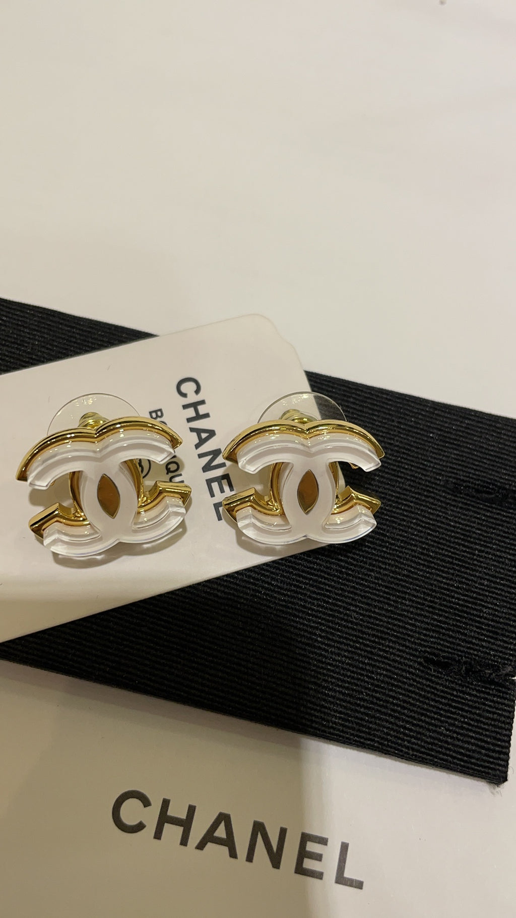White Enamel CC Logo Stud Earrings