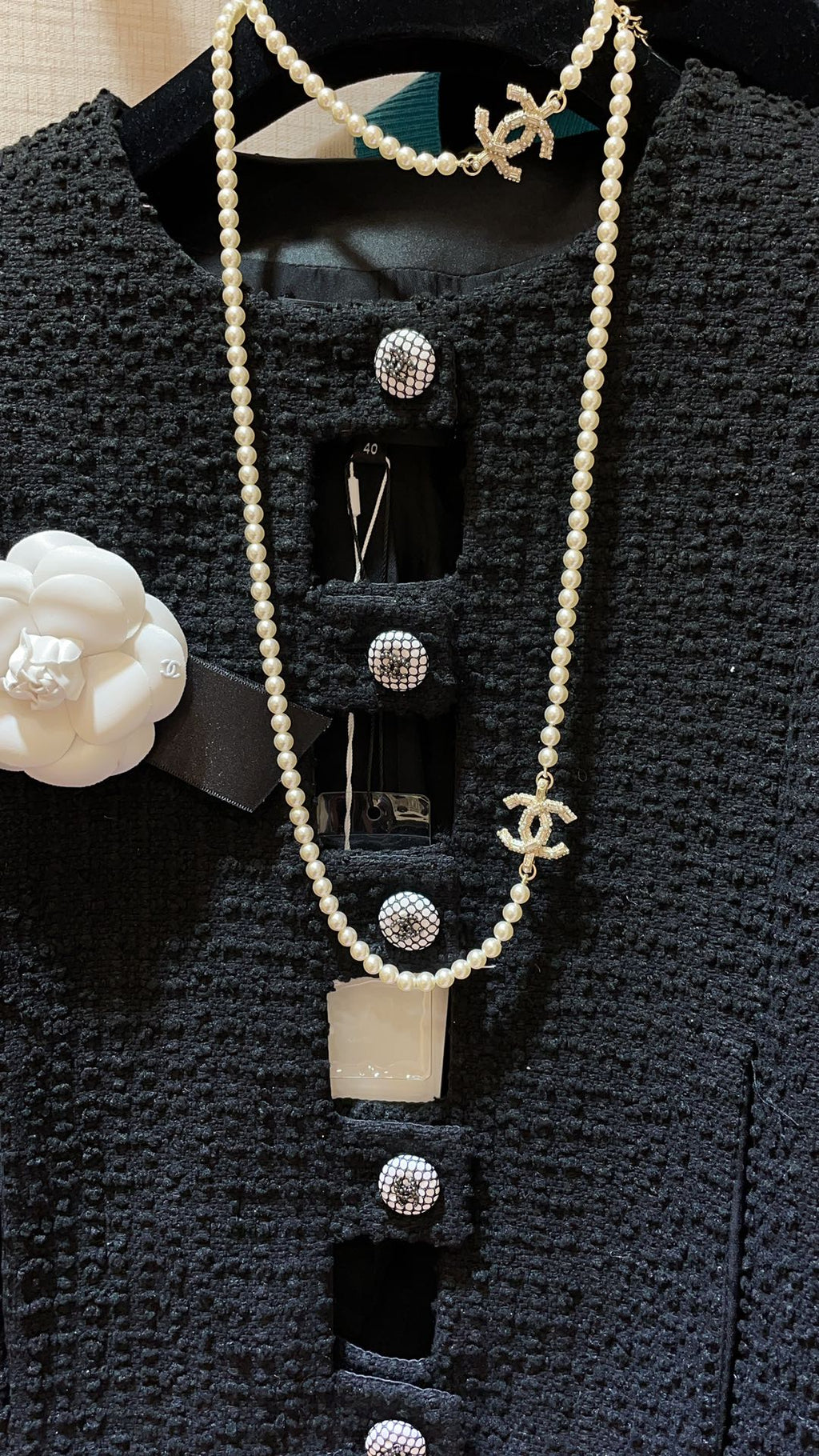 Long Pearl CC Logo Necklace
