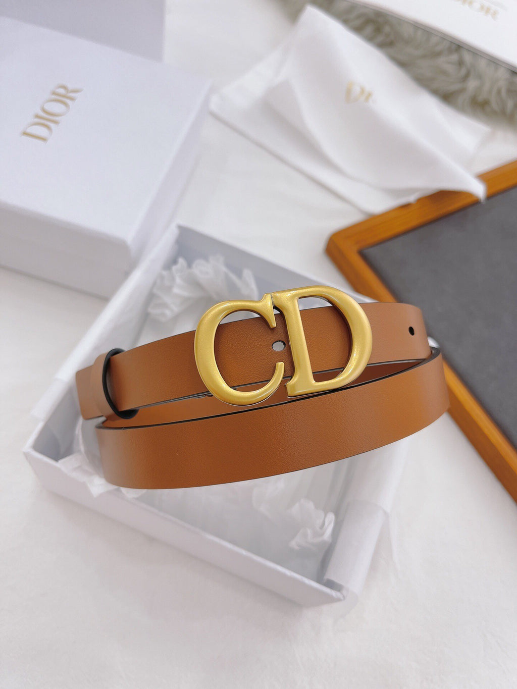 CD Logo Buckle Belt – Brown Calfskin Leather