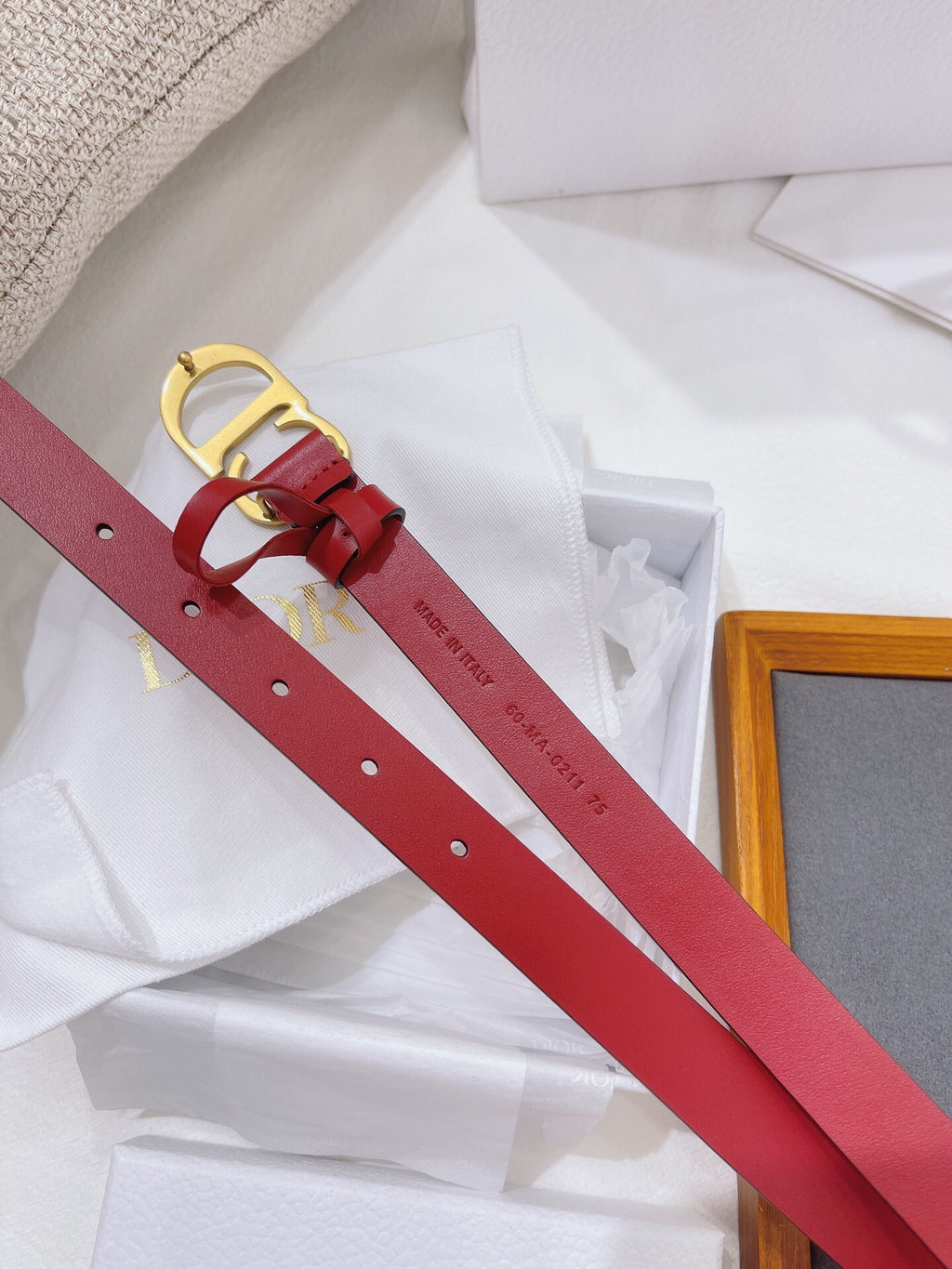 Red Leather Belt with Bold CD Buckle