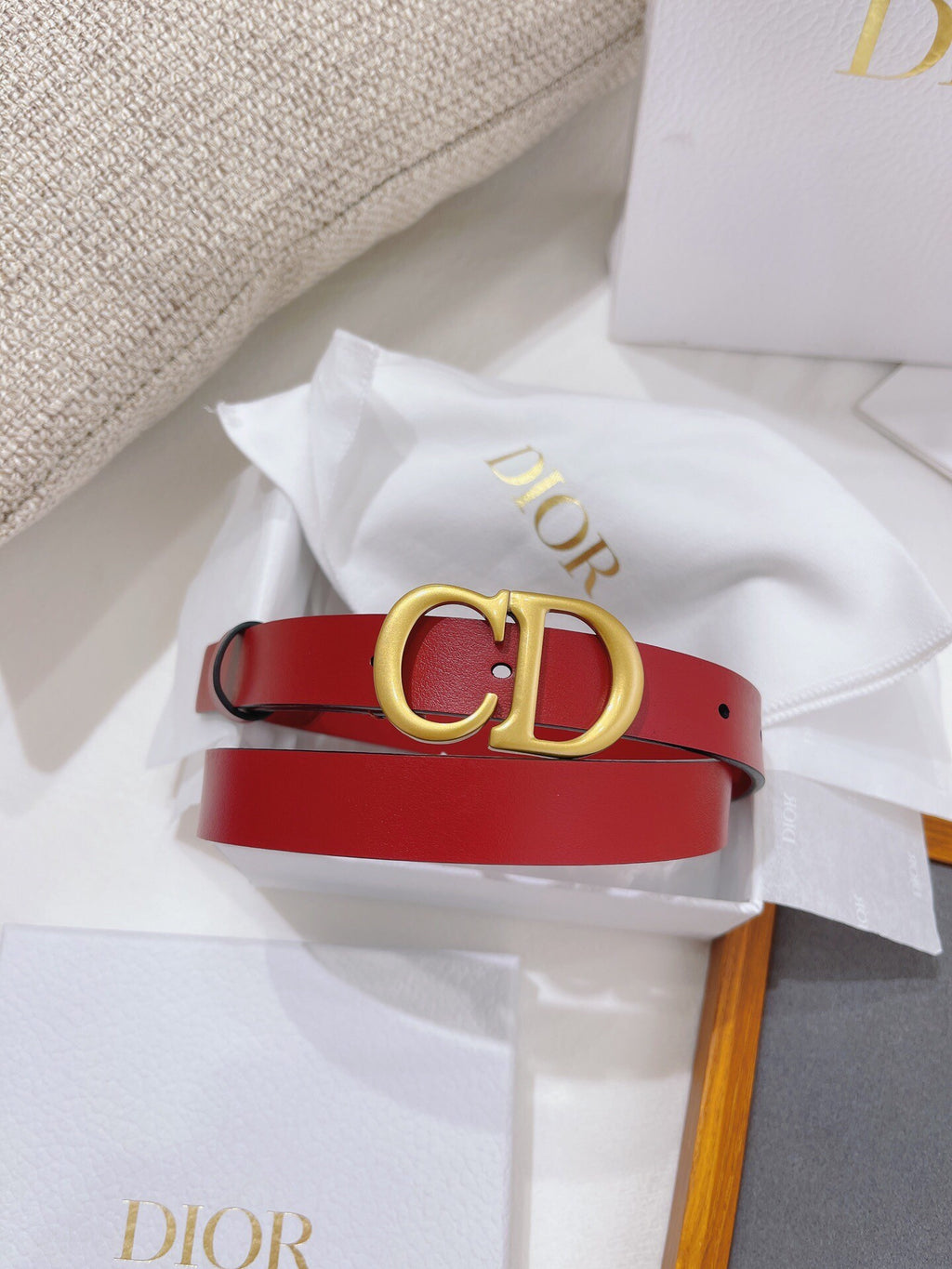 Red Leather Belt with Bold CD Buckle