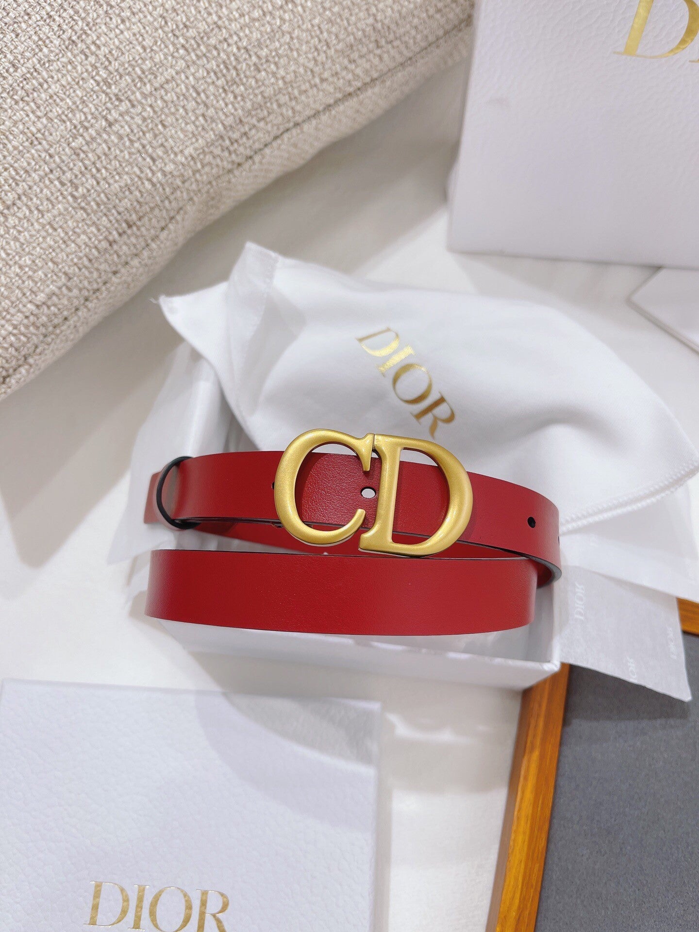 Red Leather Belt with Bold CD Buckle