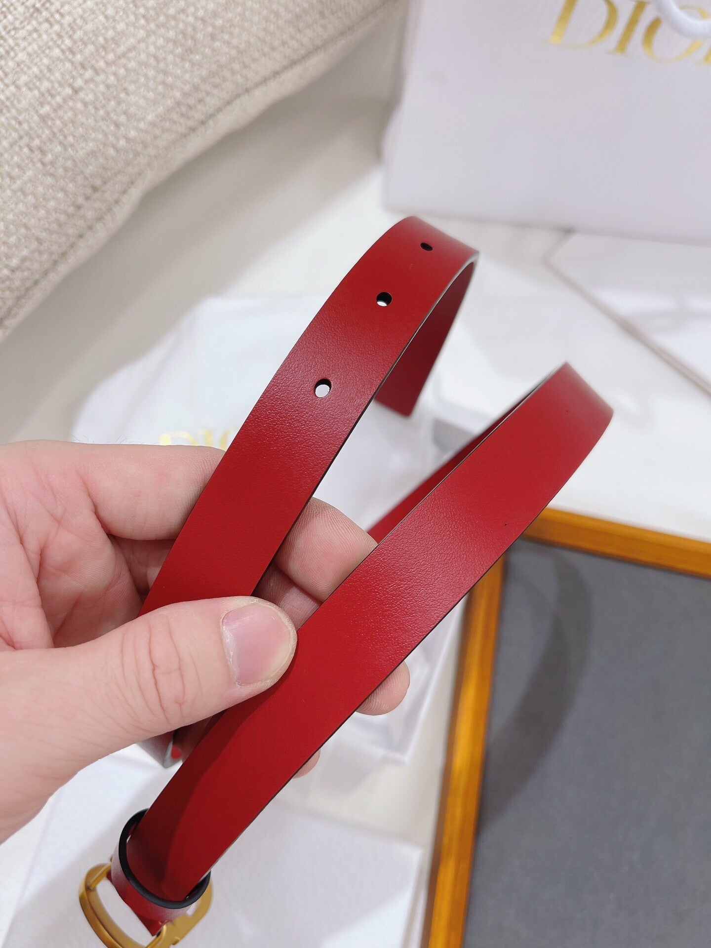 Red Leather Belt with Bold CD Buckle