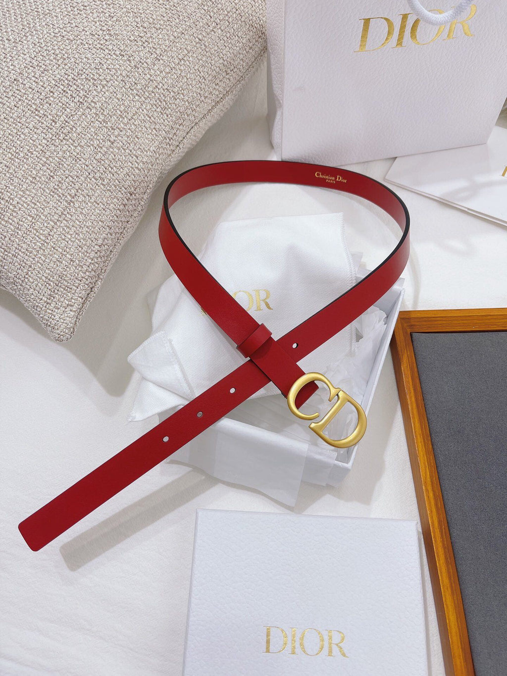 Red Leather Belt with Bold CD Buckle