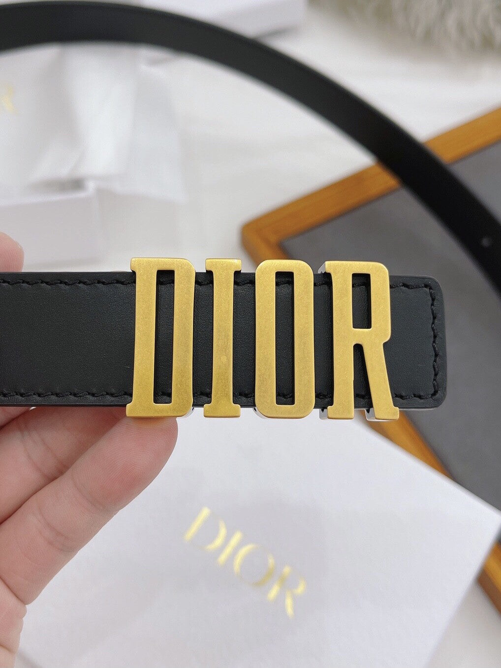Black Leather Belt with Bold Gold Logo Buckle