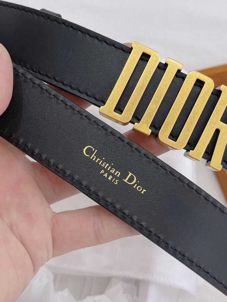 Black Leather Belt with Bold Gold Logo Buckle