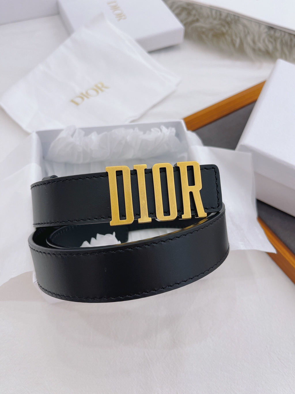 Black Leather Belt with Bold Gold Logo Buckle