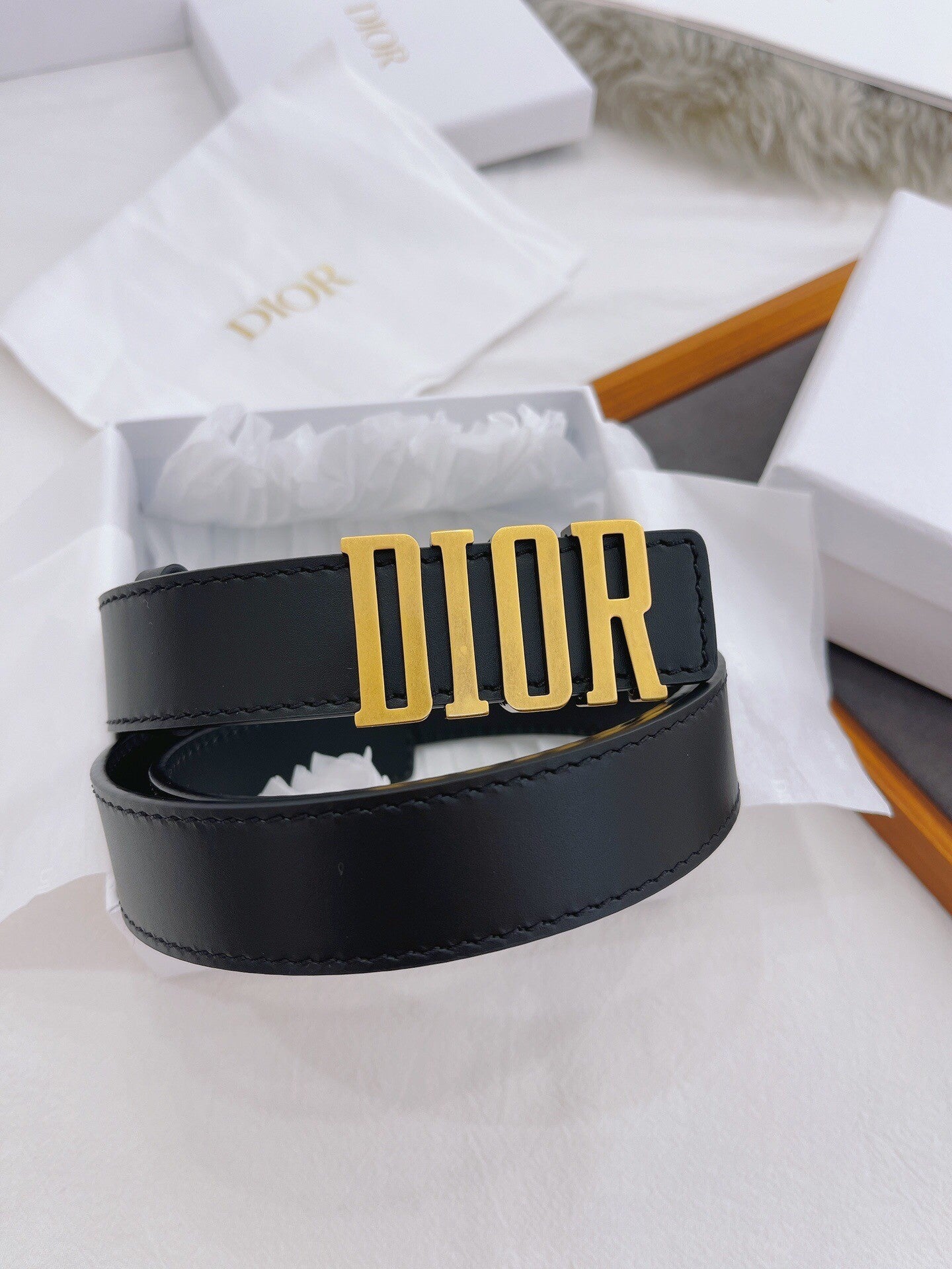Black Leather Belt with Bold Gold Logo Buckle