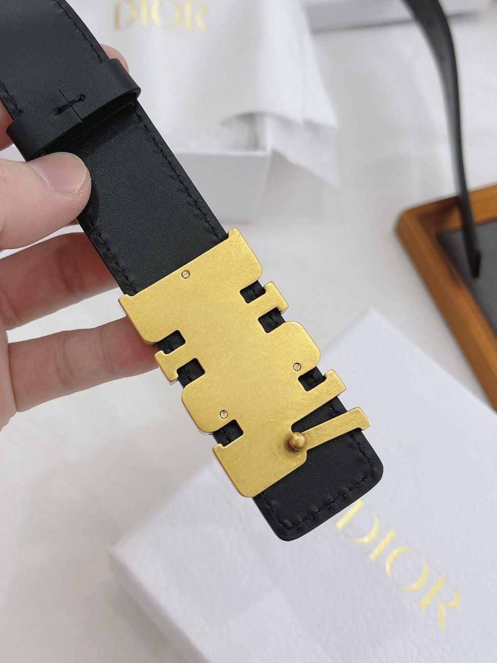 Black Leather Belt with Bold Gold Logo Buckle