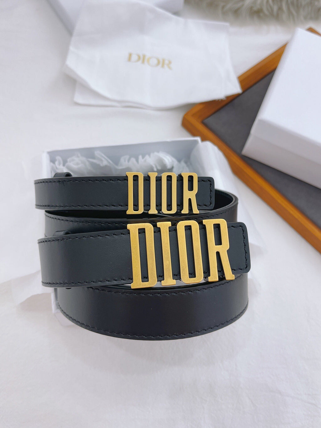 Black Leather Belt with Bold Gold Logo Buckle