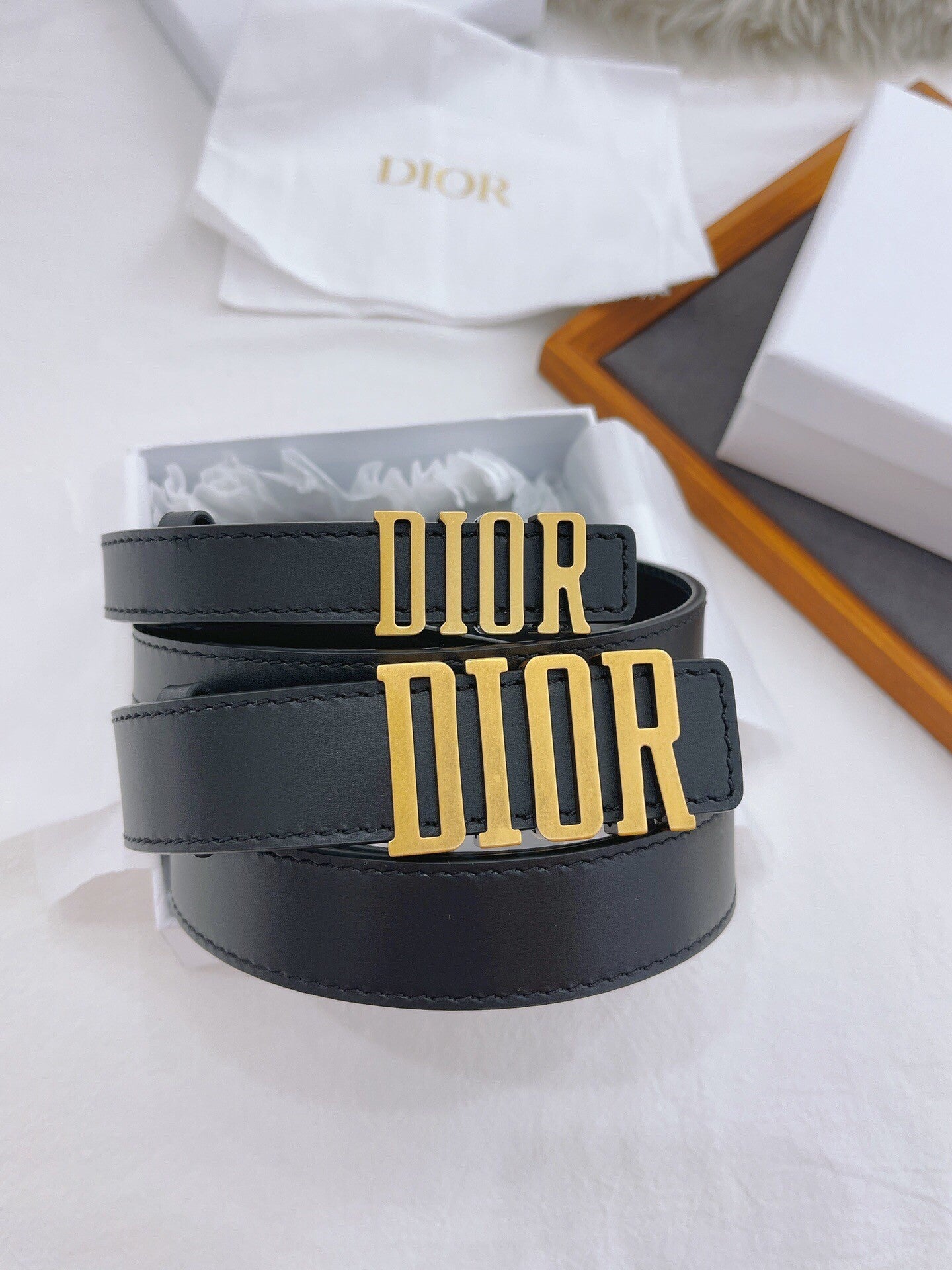 Black Leather Belt with Bold Gold Logo Buckle