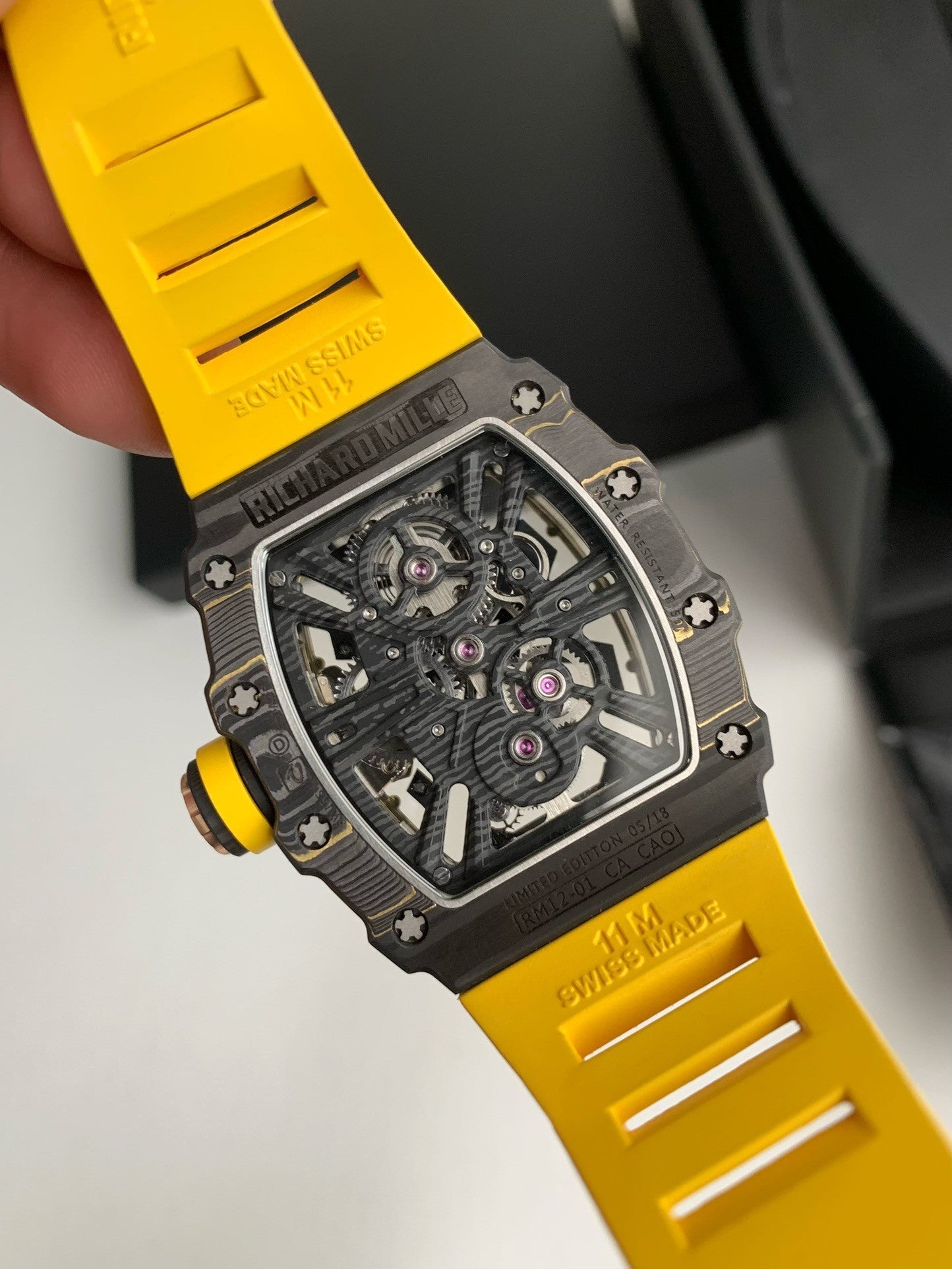 RM12-01 Skeleton Tourbillon Watch – NTPT Carbon Case, Yellow Strap, Limited Edition Style
