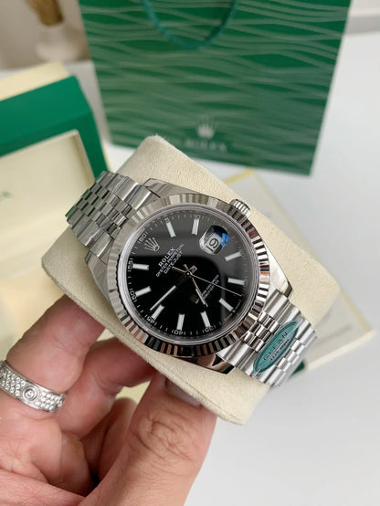 Datejust Style Watch – Black Dial, Fluted Bezel, 41mm Stainless Steel
