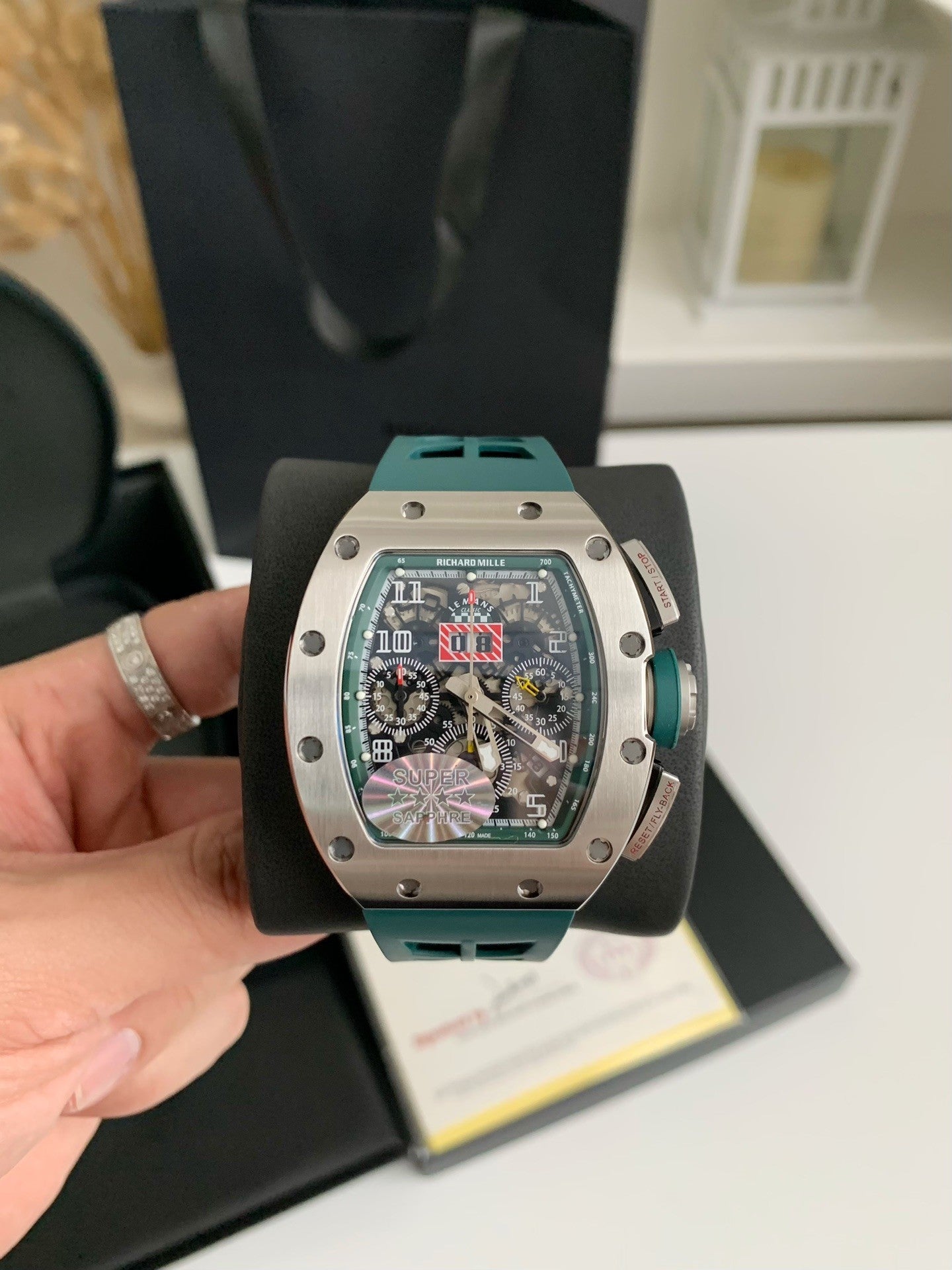 Chronograph Watch – Skeleton Dial, Titanium Case, Green Rubber Strap