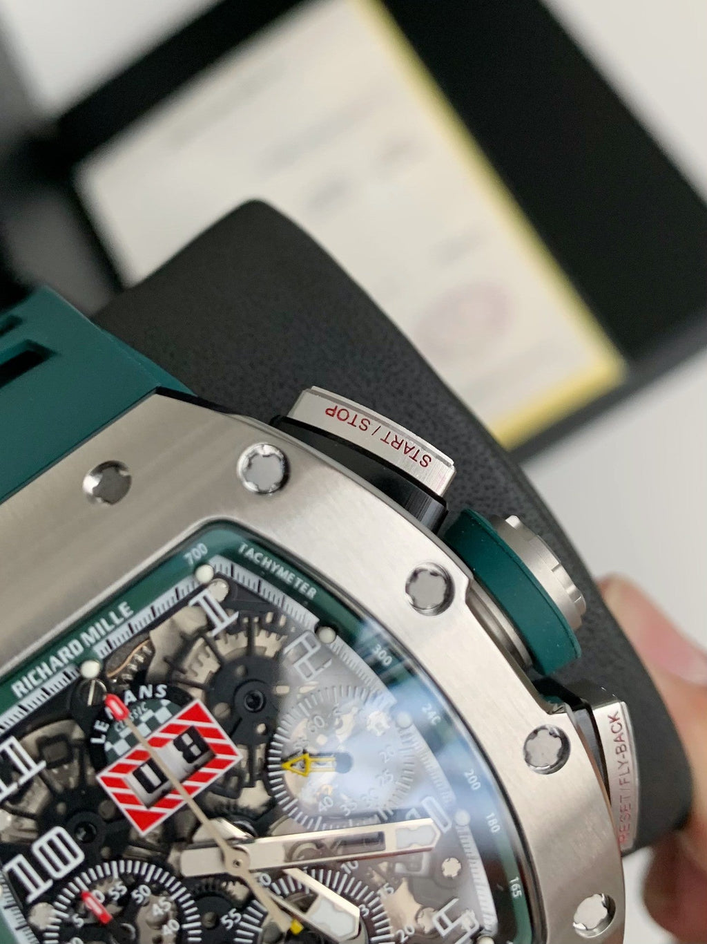 Chronograph Watch – Skeleton Dial, Titanium Case, Green Rubber Strap