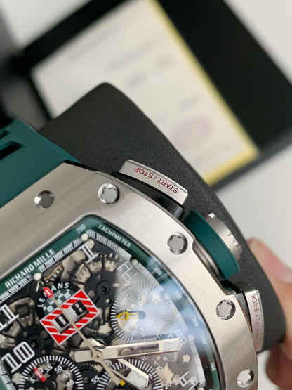 Chronograph Watch – Skeleton Dial, Titanium Case, Green Rubber Strap