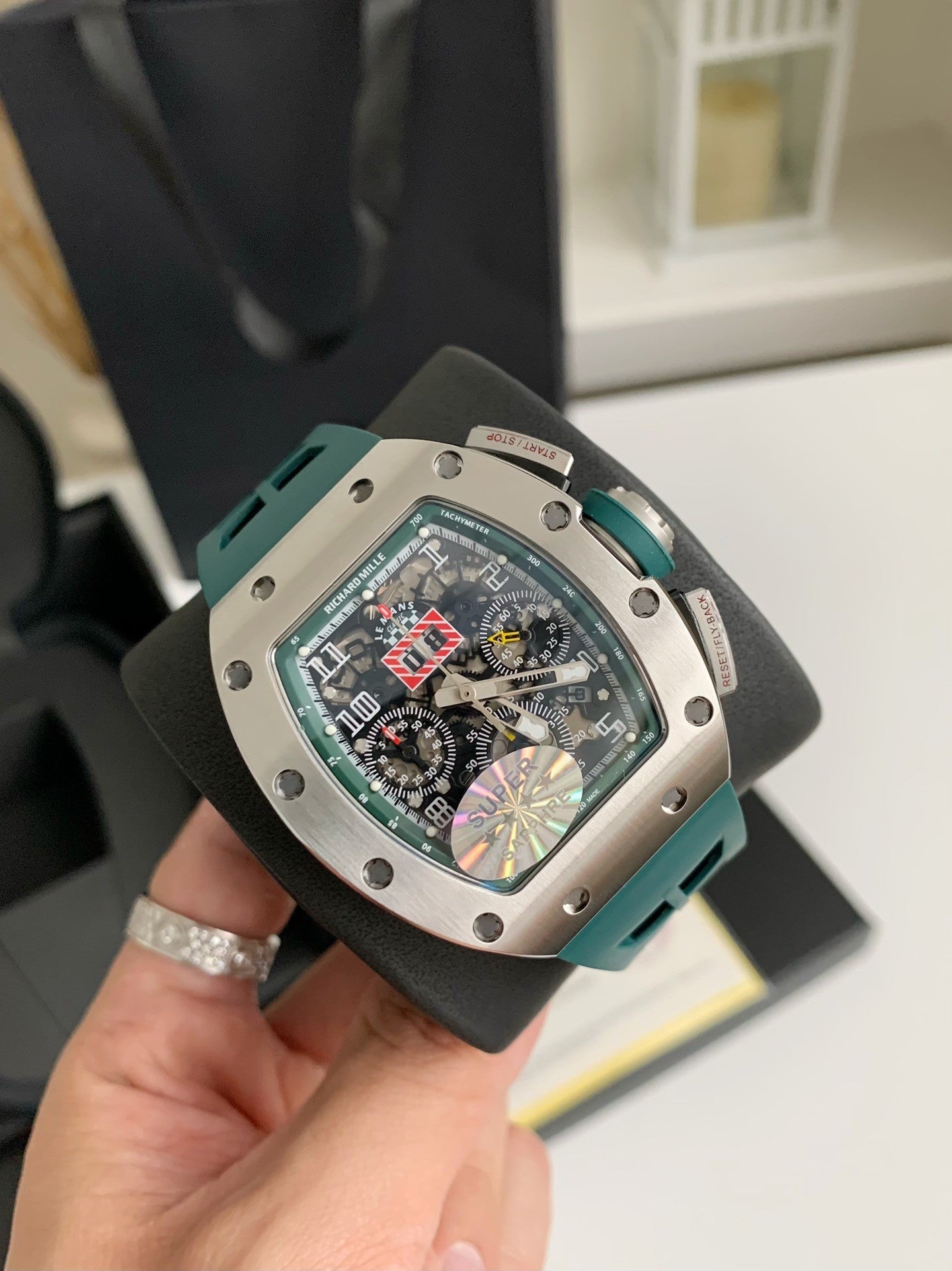 Chronograph Watch – Skeleton Dial, Titanium Case, Green Rubber Strap