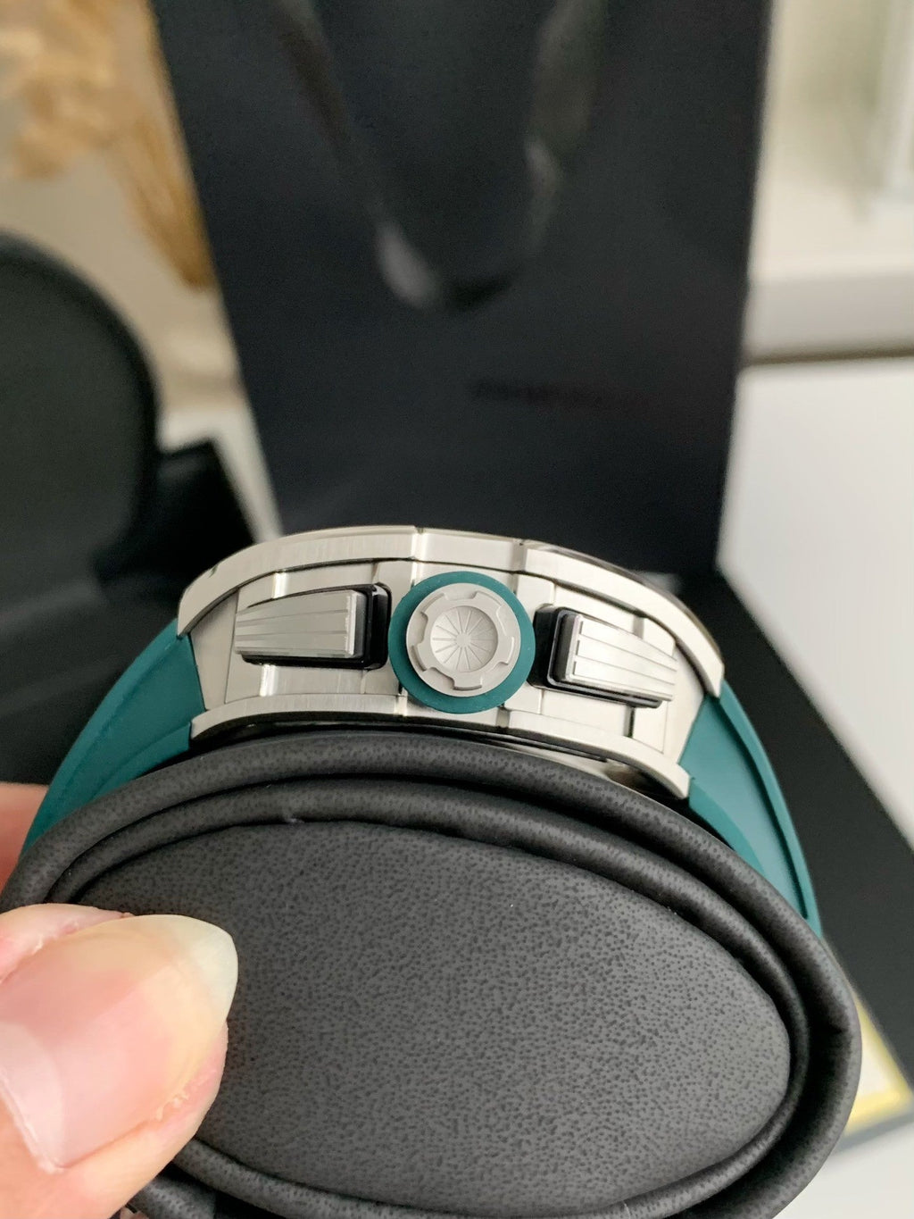 Chronograph Watch – Skeleton Dial, Titanium Case, Green Rubber Strap