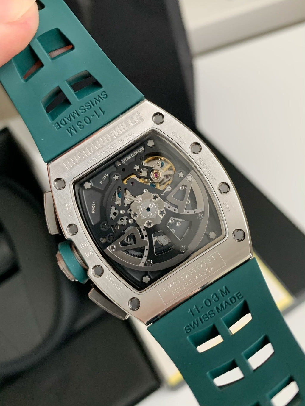 Chronograph Watch – Skeleton Dial, Titanium Case, Green Rubber Strap
