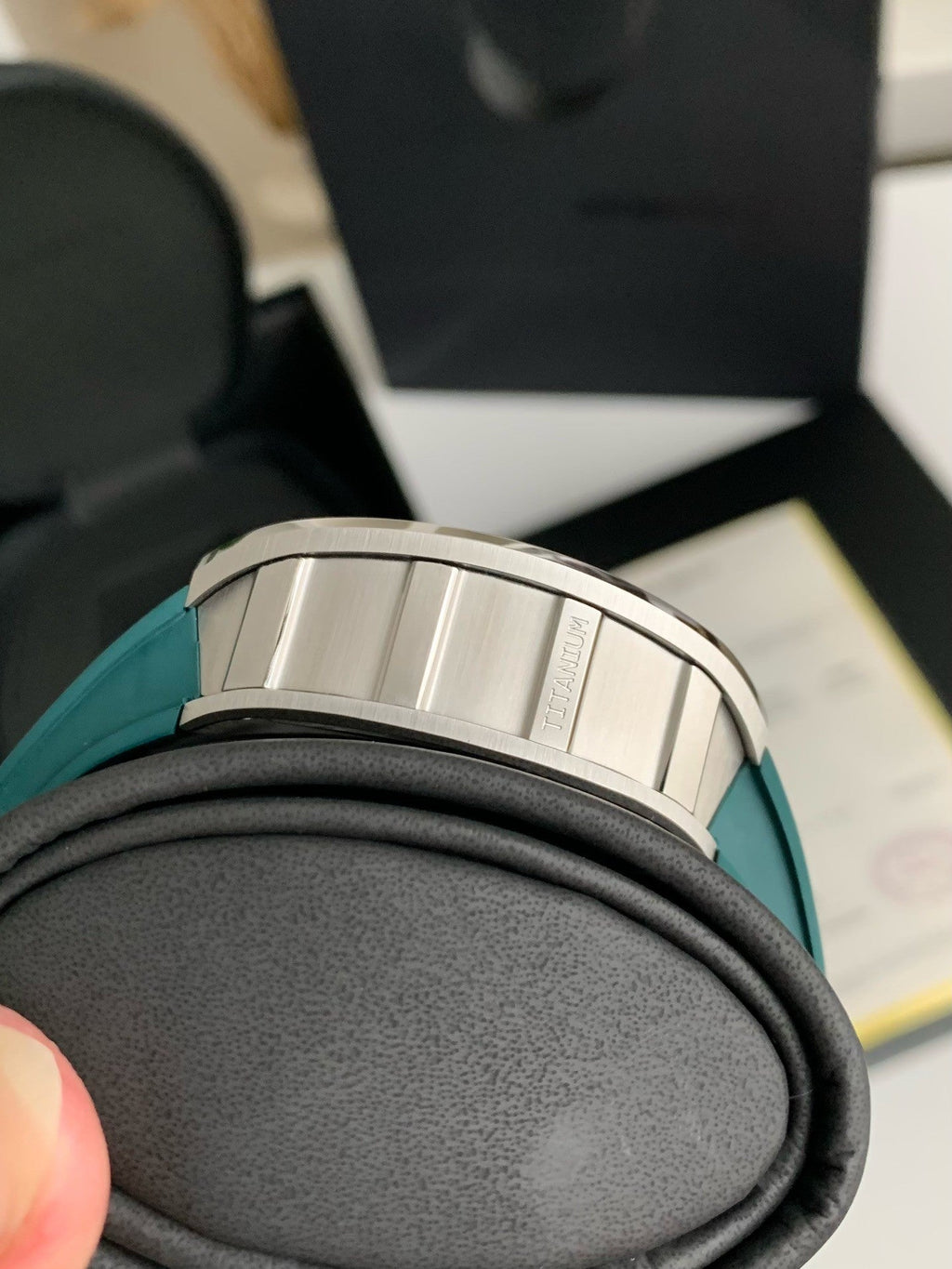 Chronograph Watch – Skeleton Dial, Titanium Case, Green Rubber Strap