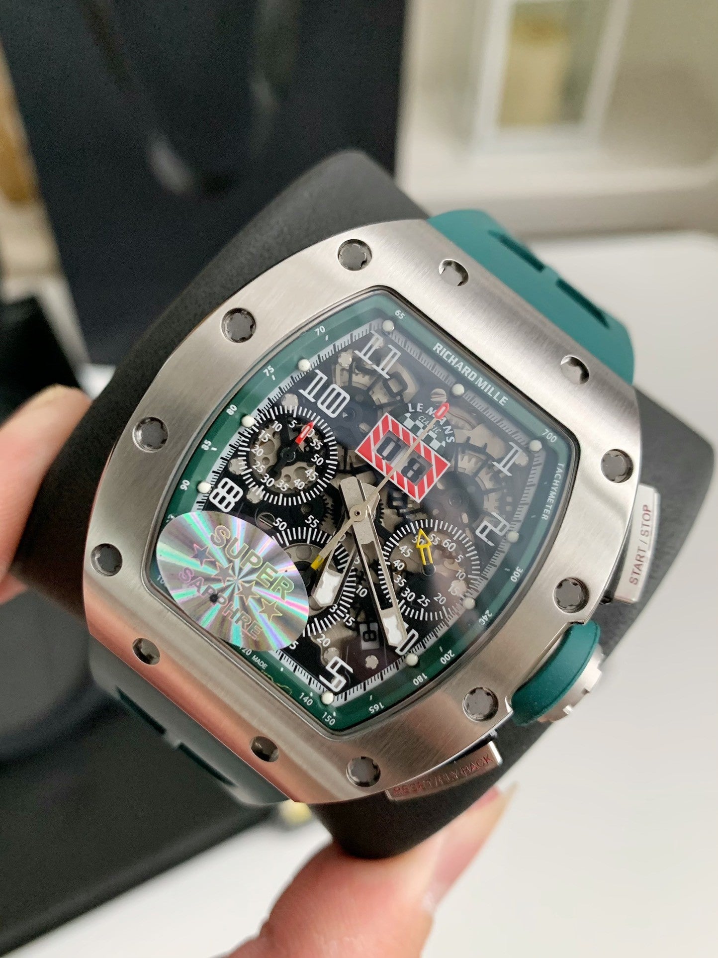 Chronograph Watch – Skeleton Dial, Titanium Case, Green Rubber Strap