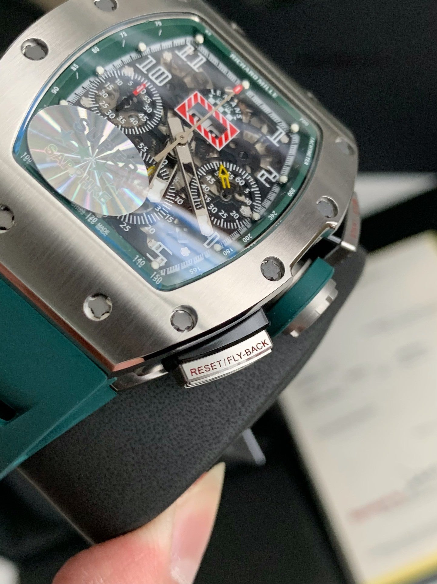 Chronograph Watch – Skeleton Dial, Titanium Case, Green Rubber Strap