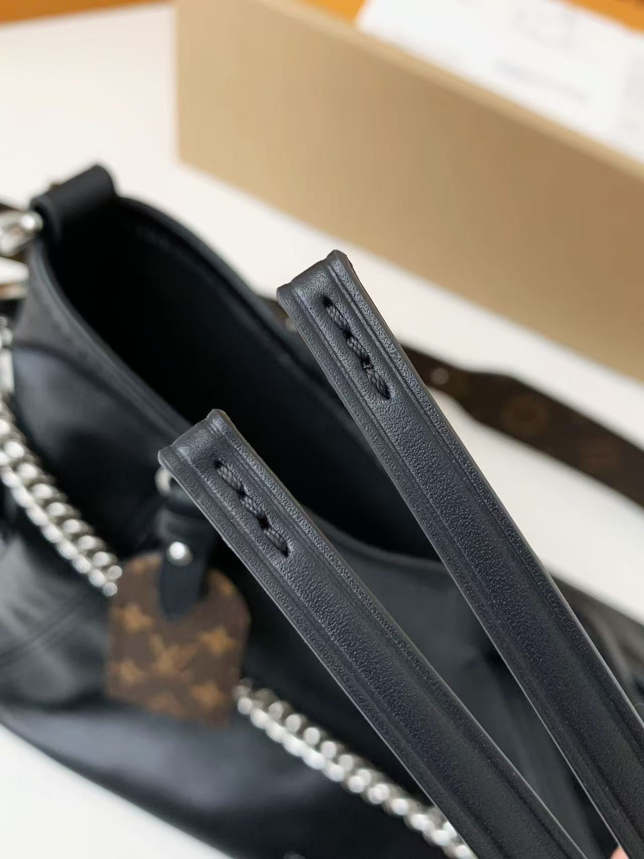 Black Leather Carryall Handbag with Chain Detail