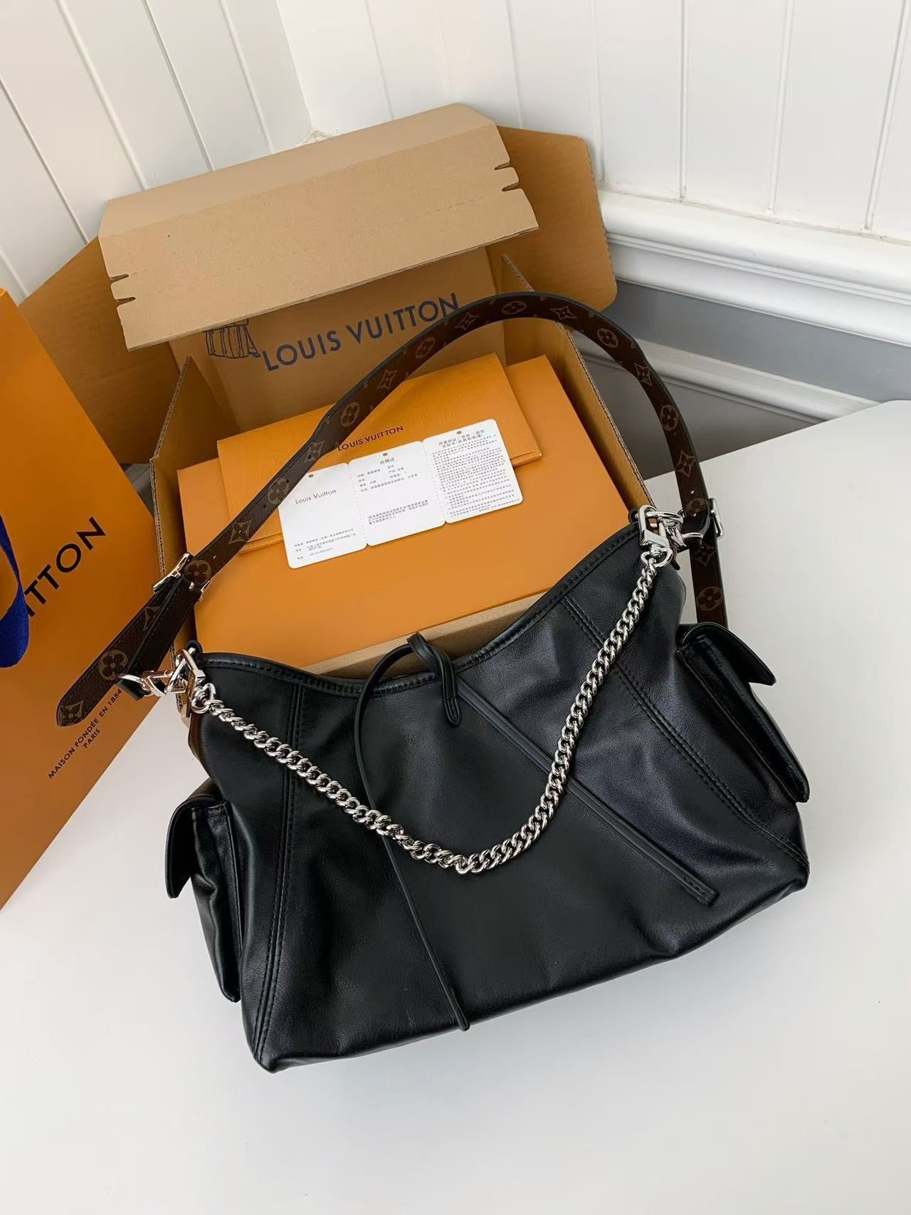 Black Leather Carryall Handbag with Chain Detail