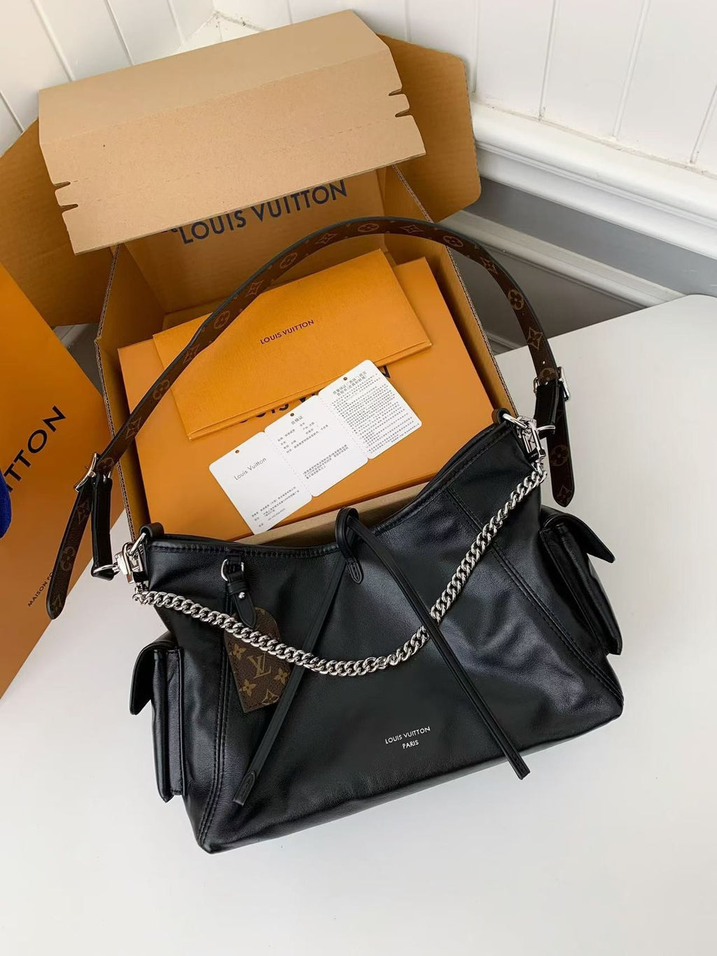 Black Leather Carryall Handbag with Chain Detail