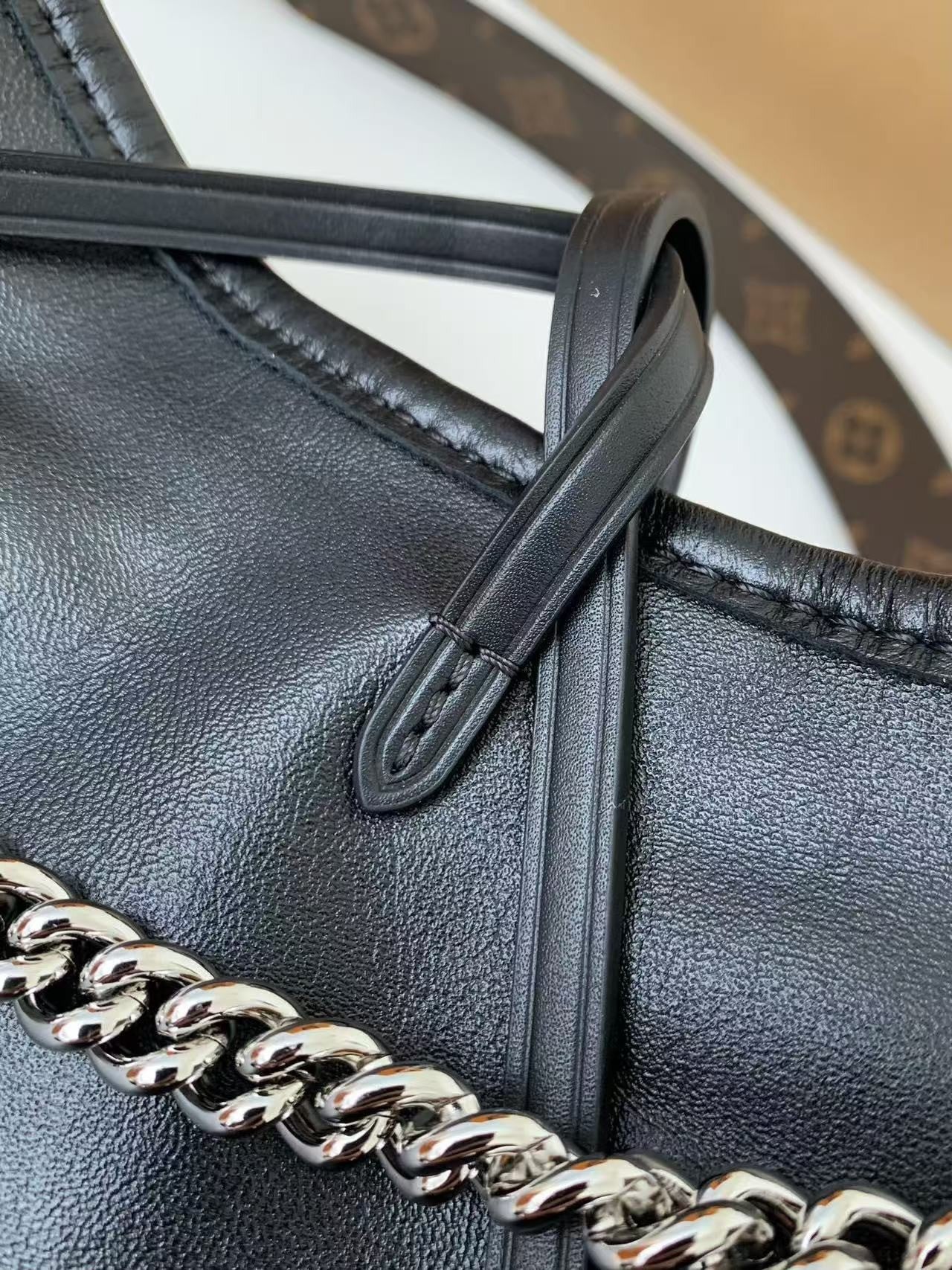 Black Leather Carryall Handbag with Chain Detail