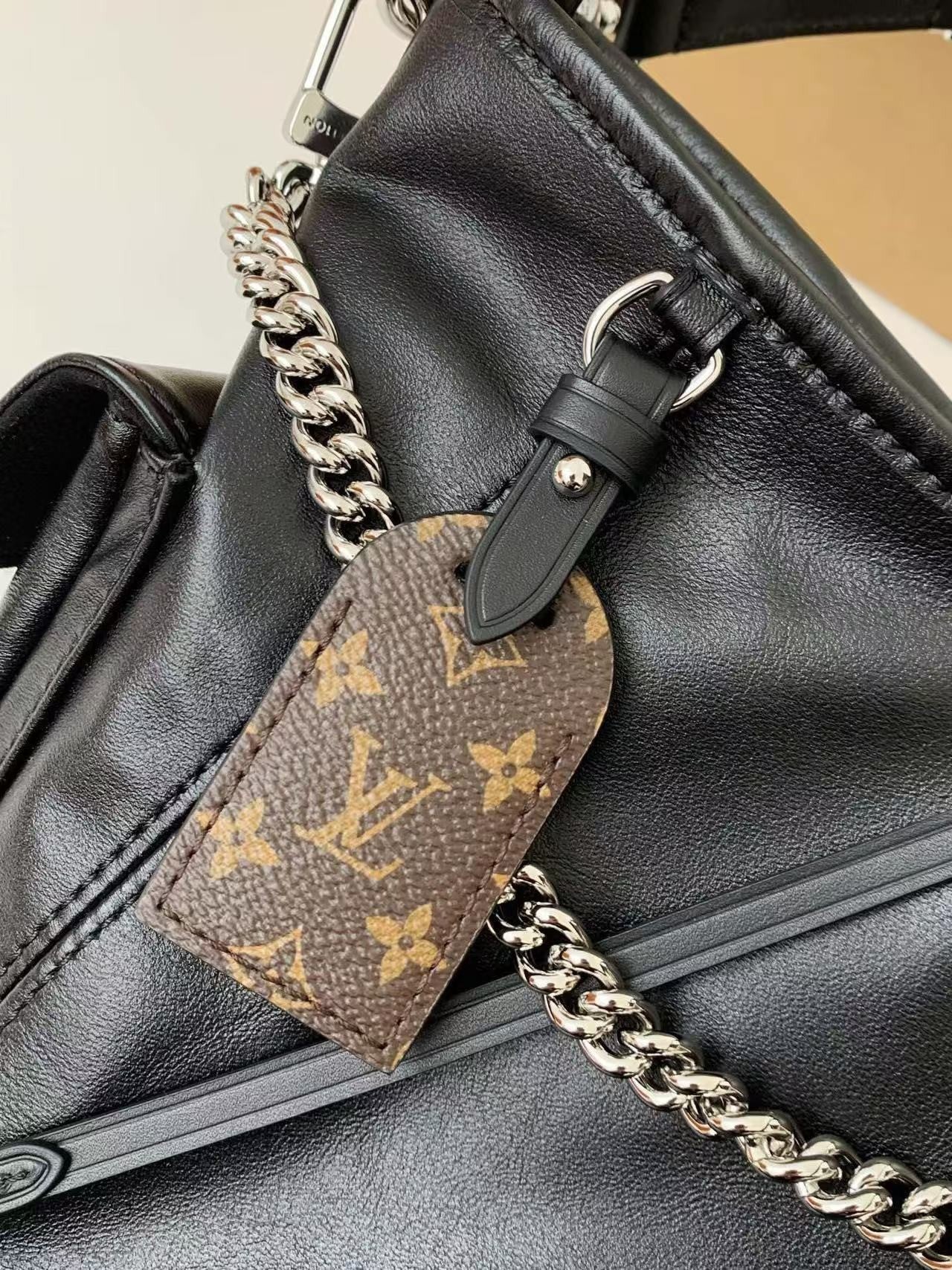 Black Leather Carryall Handbag with Chain Detail