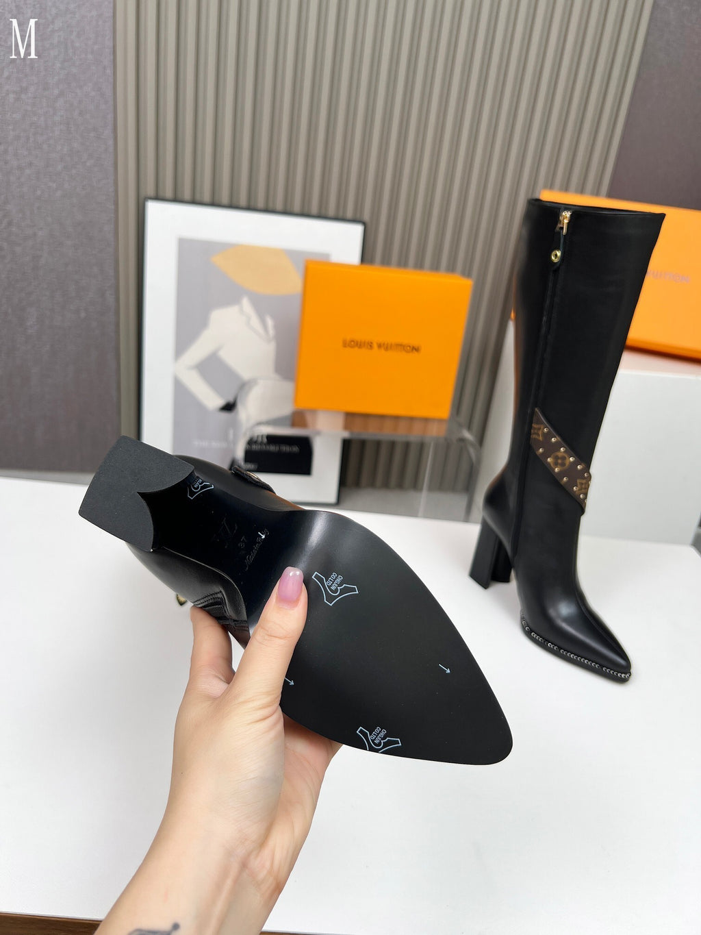 Leather & Knit Chain Detail Knee-High Boots