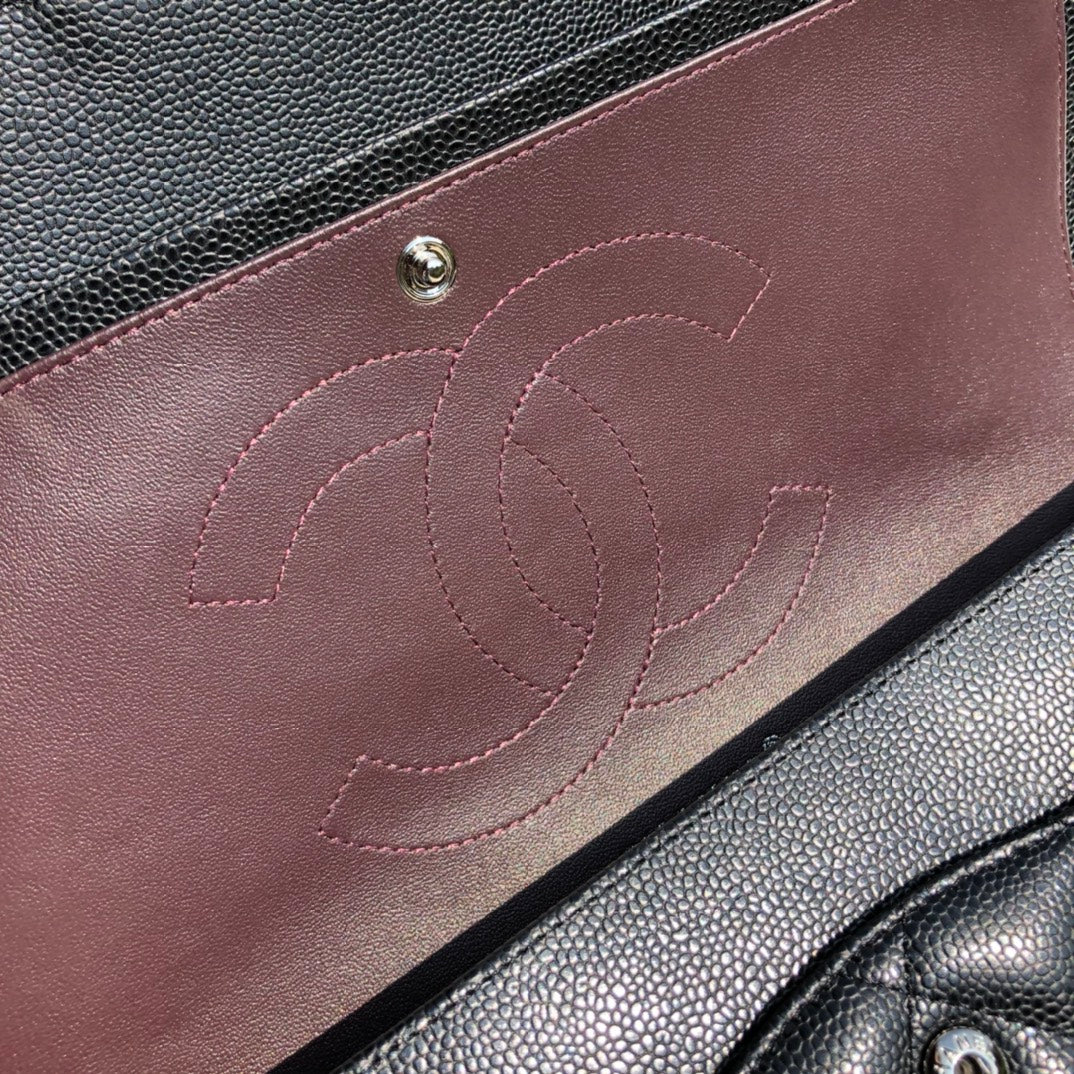 3.55 Large Caviar Leather Classic Double Flap Bag - Silver hardware