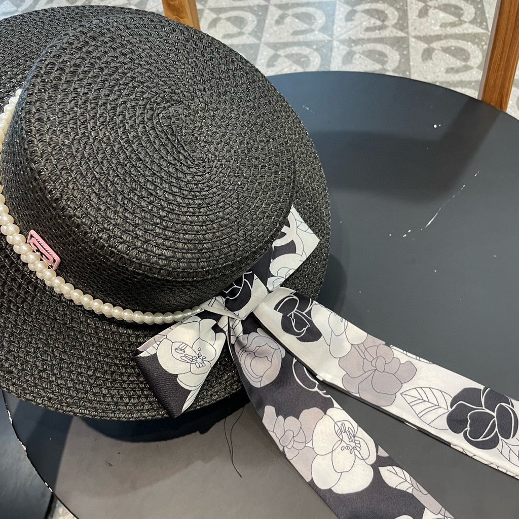 Woven Straw Hat with Pearl Band and Silk Bow Detail