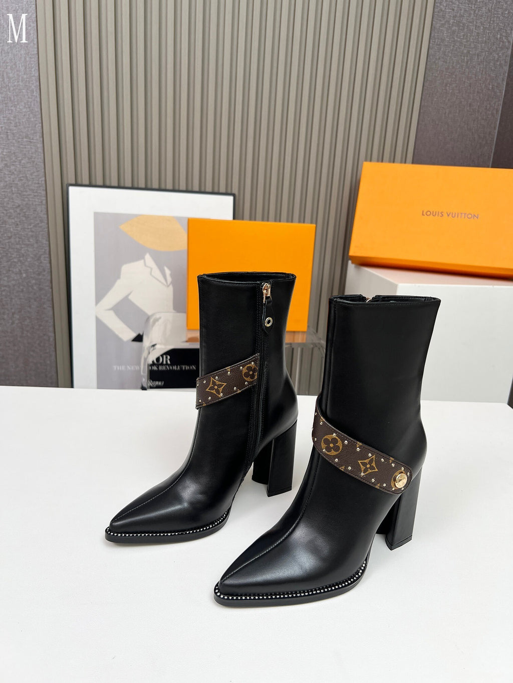 Monogram Chain Detail Knit & Leather Mid-Calf Boots