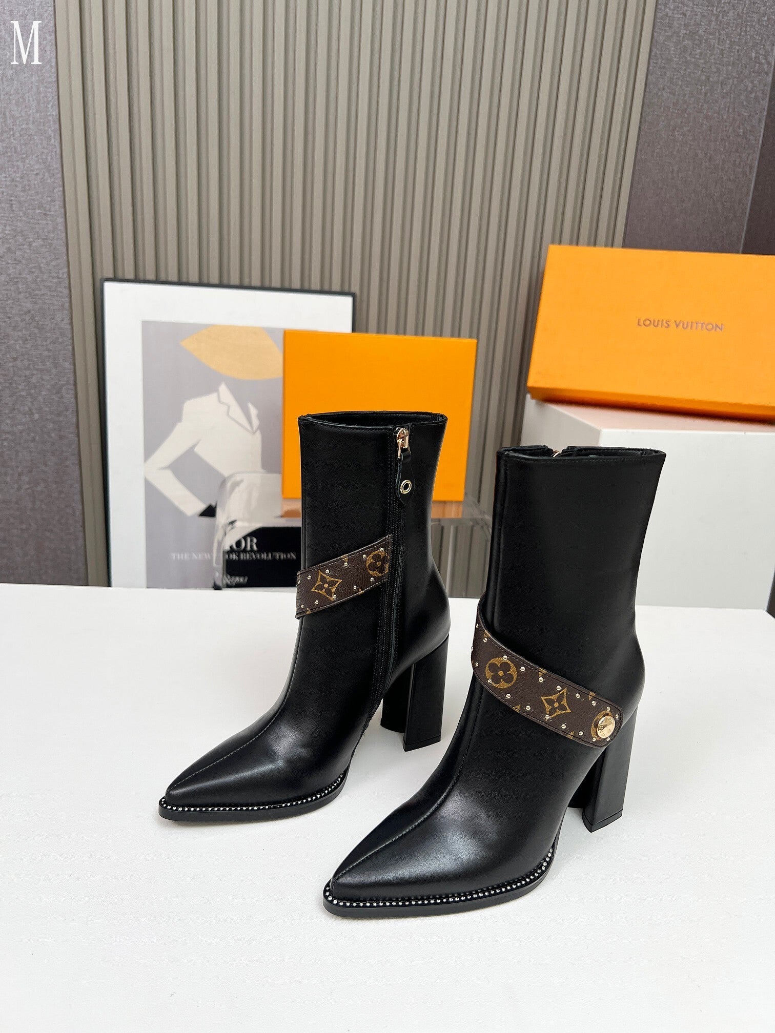 Monogram Chain Detail Knit & Leather Mid-Calf Boots