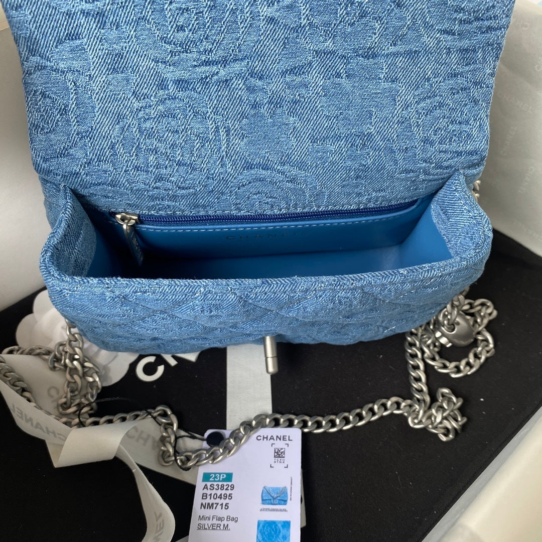 Mini Flap Bag in Quilted Denim with Silver-Tone Chain