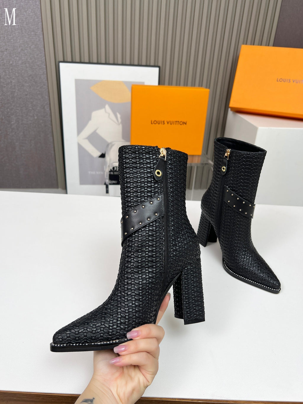 Knit & Leather Block Heel Ankle Boots