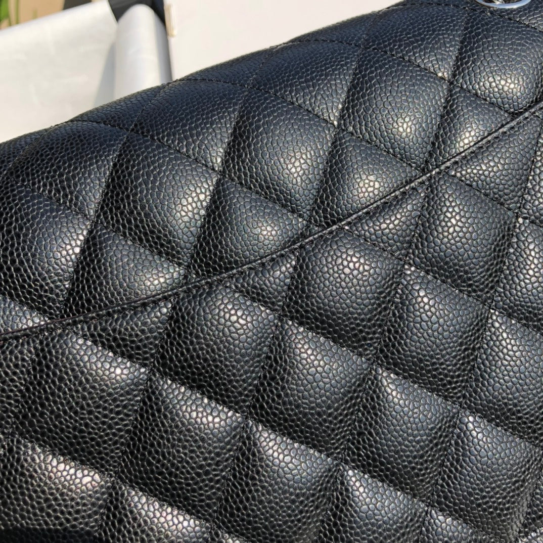 3.55 Large Caviar Leather Classic Double Flap Bag - Silver hardware