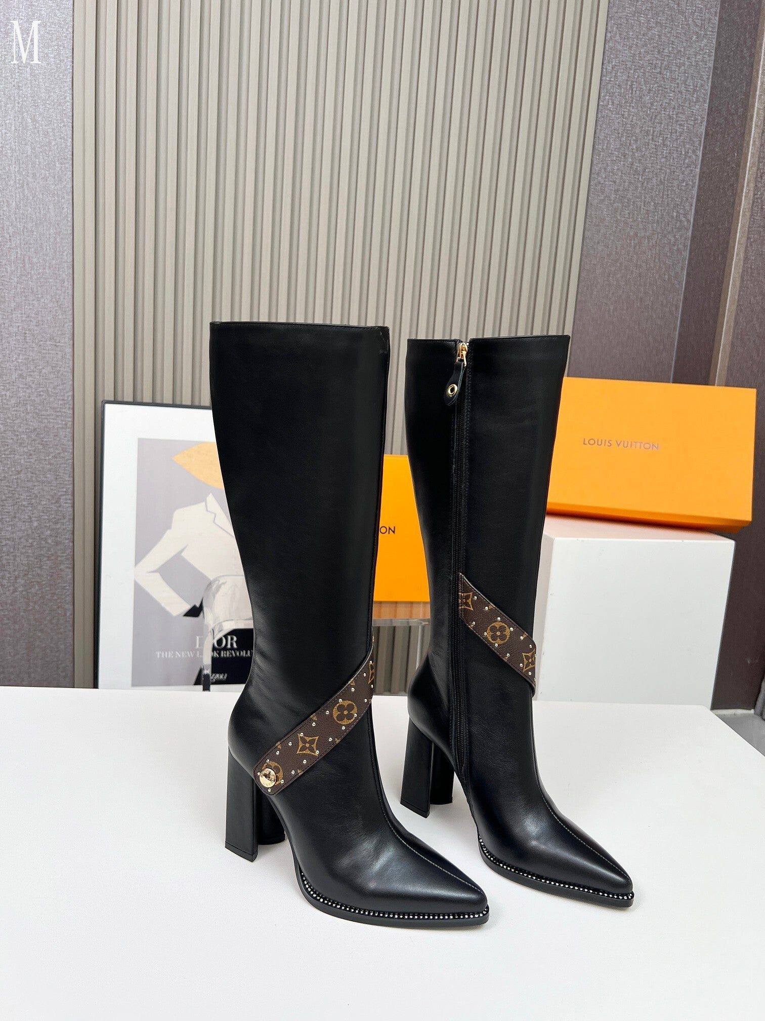 Leather & Knit Chain Detail Knee-High Boots