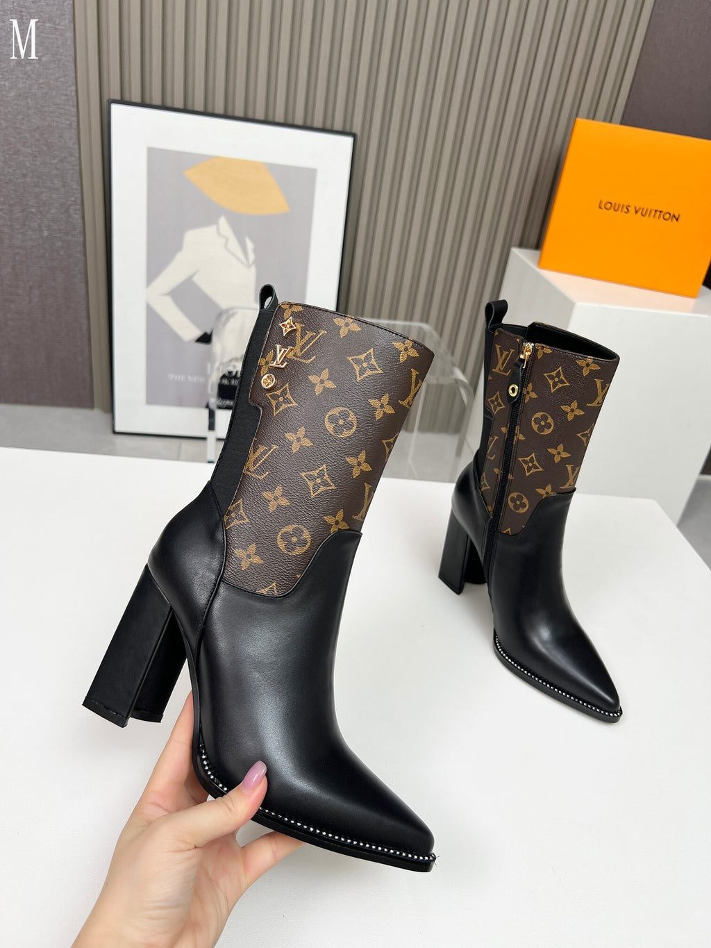 Monogram Leather & Fabric Ankle Boots
