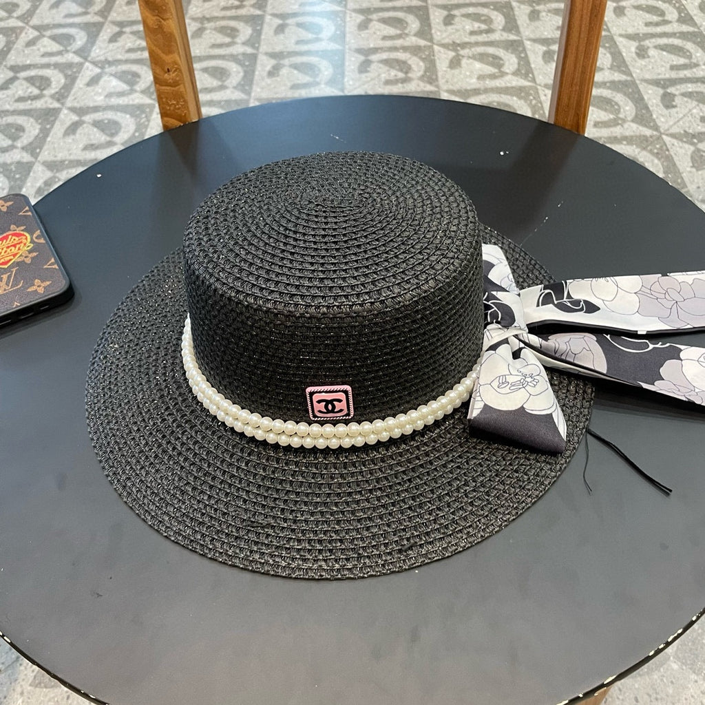 Woven Straw Hat with Pearl Band and Silk Bow Detail