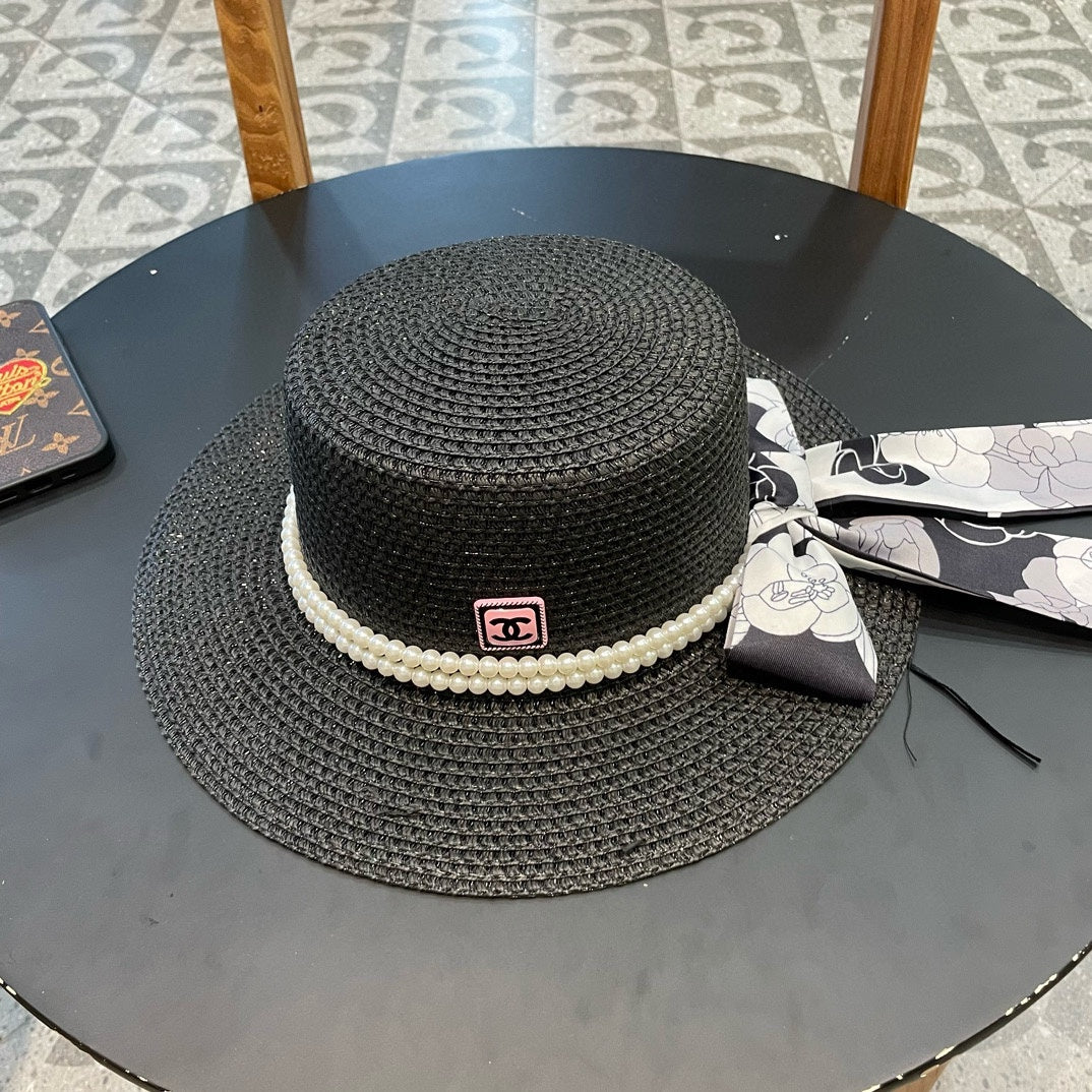 Woven Straw Hat with Pearl Band and Silk Bow Detail